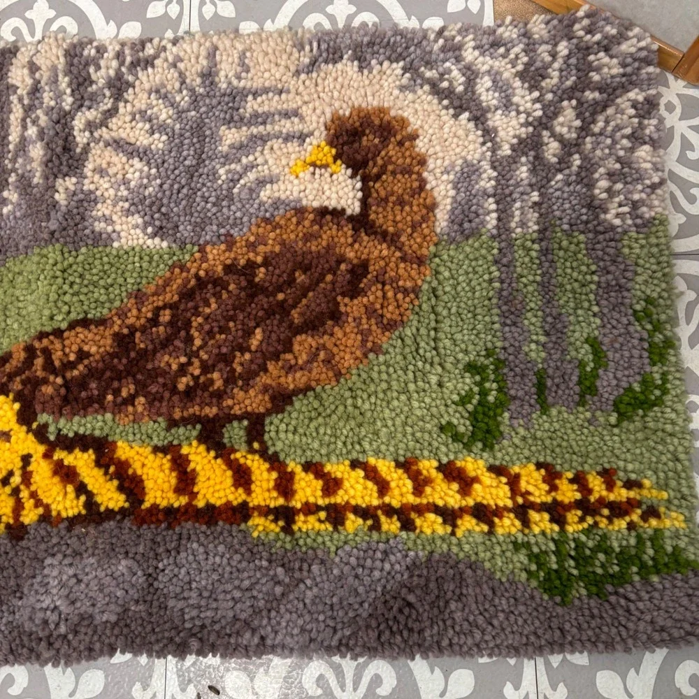 Vintage Latch Hook Punch Needle Wall Hanging Pheasant Birds Forest Scene 43 x 22